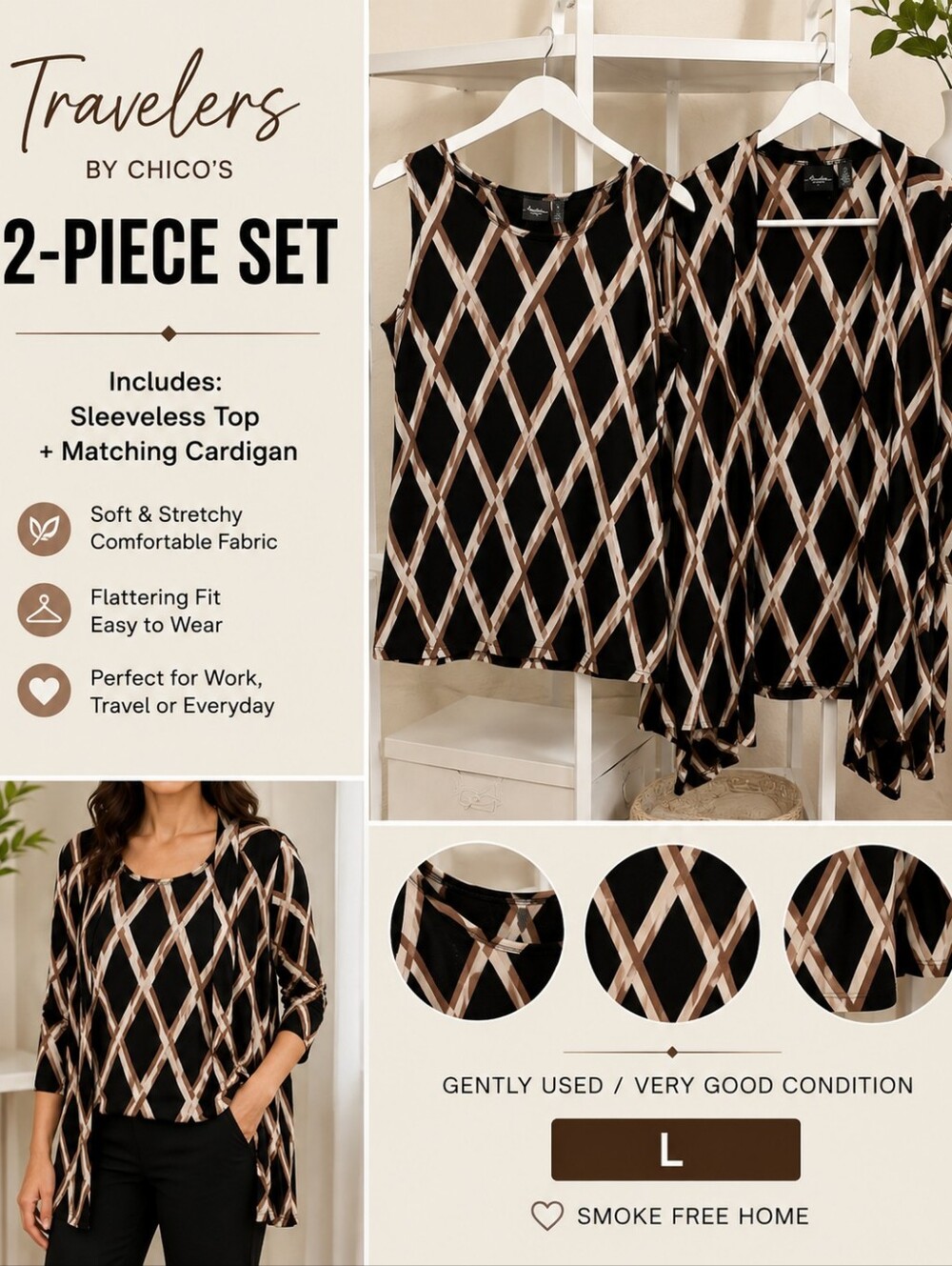 Chico's Black & Taupe Diamond-Print 2-Piece Sweater Set